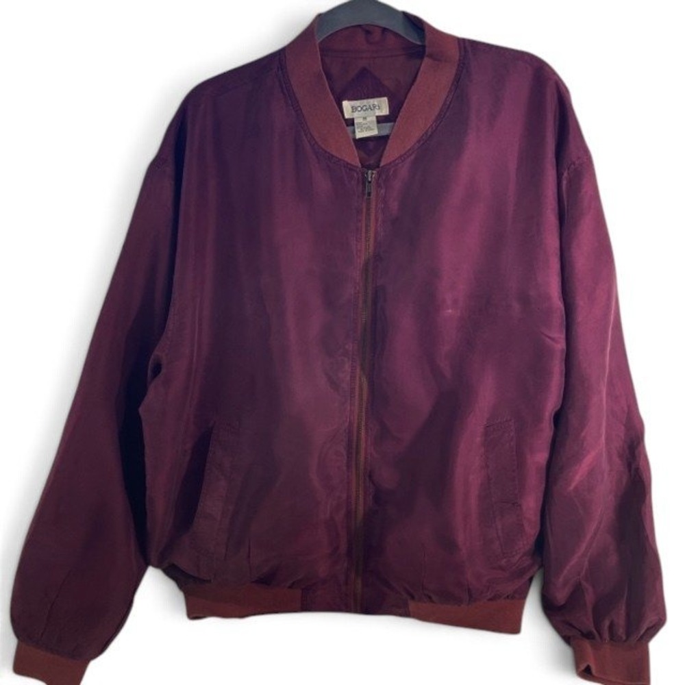 Vintage 80s-90s Bogari Silk Bomber Jacket Burgundy Oversized Unisex Size M Retro